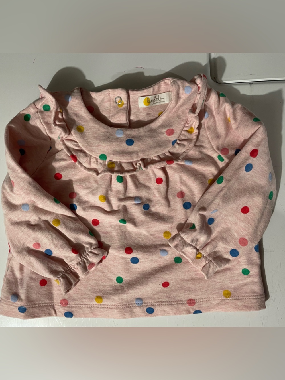 BABY BODEN Pink Long-Sleeve Ruffle Polka Dot Top 6-9m